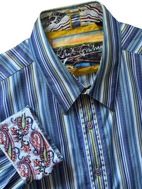 Robert Graham Blue Striped Paisley Flip Cuff LS Shirt Size Large